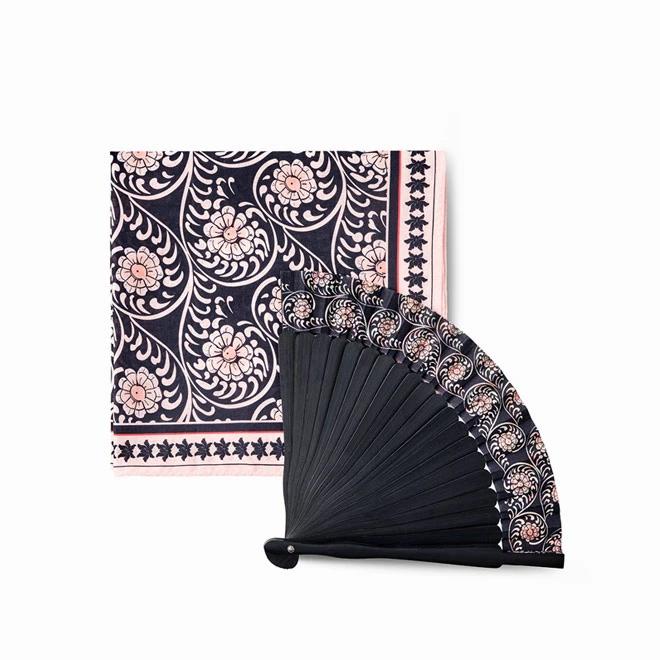 Mother-of-Pearl Inlaid Fan and Handkerchief Set (Peony) - Collaborative Product with Korea Craft and Design Foundation