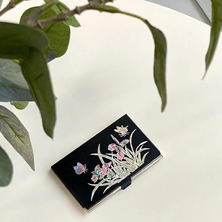 Mother-of-pearl inlaid lacquer business card holder (orchid, black)